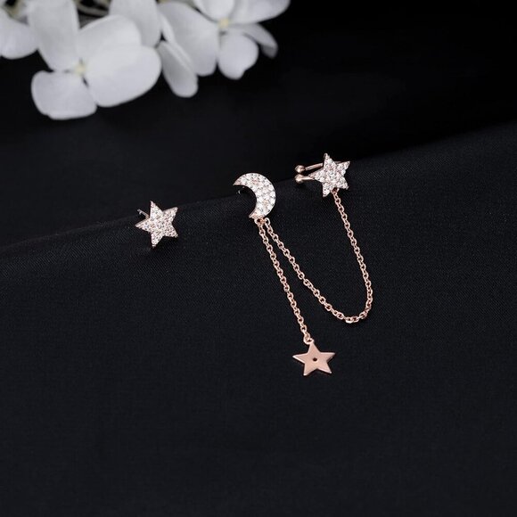 925 Sterling Silver Cuff Earrings Chain for Women Asymmetric Star Moon Earrings - Picture 6 of 7